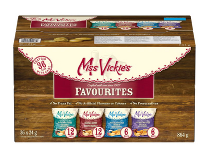 Miss Vickie's Kettle Cooked Potato Chips Variety Pack, 36 × 24 g, Original, Sea Salt &amp; Malt Vinegar, Sweet Chili &amp; Sour Cream, Applewood Smoked BBQ, Assorted Snack Packs