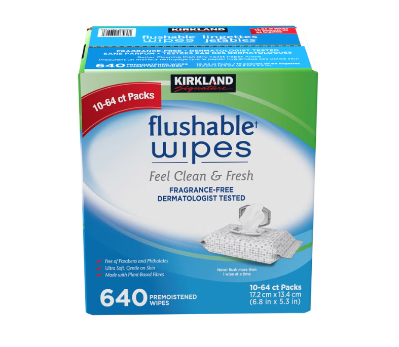 Kirkland Signature Flushable Wipes, 640 Wipes, 10 Packs × 64