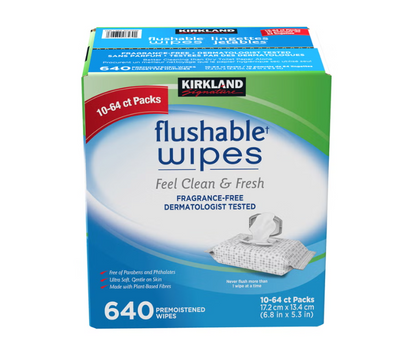 Kirkland Signature Flushable Wipes, 640 Wipes, 10 Packs × 64