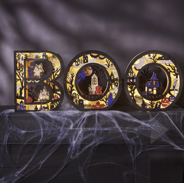 Halloween Wooden BOO Light-Up Letters, 3D LED Illuminated Wooden Decoration, Battery Operated, Warm Glow, Halloween Home Décor