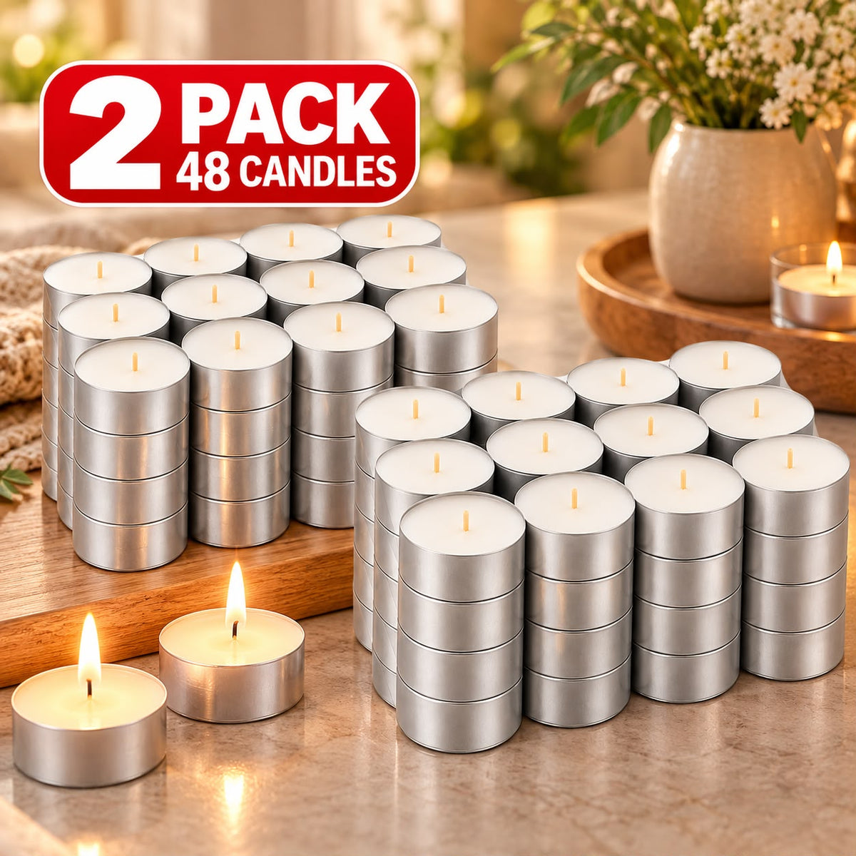(2 PACK) IKEA GLIMMA Unscented Tealight Candles, 9-Hour Long Burning Time, 57 mm (2¼ in) Diameter, Plant-Based & Paraffin Wax Candles in Aluminum Metal Cups for Home Décor, Weddings, Parties & Dining Tables