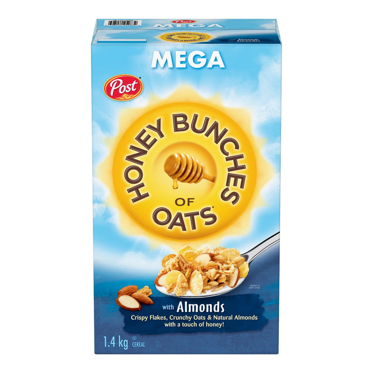 Post Honey Bunches of Oats with Almonds Breakfast Cereal, 1.4 kg (3.09 lb), Crunchy Multigrain Cereal with Crispy Flakes, Oat Clusters, Sliced Almonds & Honey, Family Size Ready-to-Eat Cereal for Breakfast & Snacking
