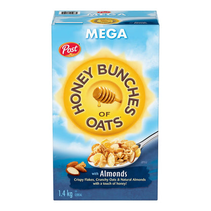 Post Honey Bunches of Oats with Almonds Breakfast Cereal, 1.4 kg (3.09 lb), Crunchy Multigrain Cereal with Crispy Flakes, Oat Clusters, Sliced Almonds & Honey, Family Size Ready-to-Eat Cereal for Breakfast & Snacking