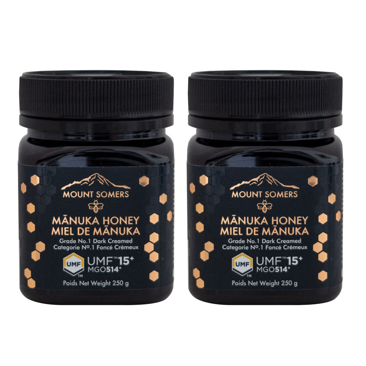 Mount Somers New Zealand Mānuka Honey UMF 15+ MGO 514+, 2-Pack × 250 g (500 g Total), Premium Raw Unpasteurized Monofloral Honey, Dark Amber Creamed Honey for Tea, Toast & Breakfast