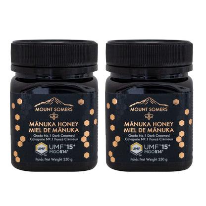 Mount Somers New Zealand Mānuka Honey UMF 15+ MGO 514+, 2-Pack × 250 g (500 g Total), Premium Raw Unpasteurized Monofloral Honey, Dark Amber Creamed Honey for Tea, Toast & Breakfast