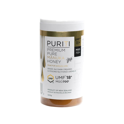 PURITI New Zealand Mānuka Honey UMF 18+ MGO 700+, 500 g (17.64 oz), Premium Raw Monofloral Honey, Unpasteurized, Dark Amber Creamed Honey, Natural Sweetener for Tea