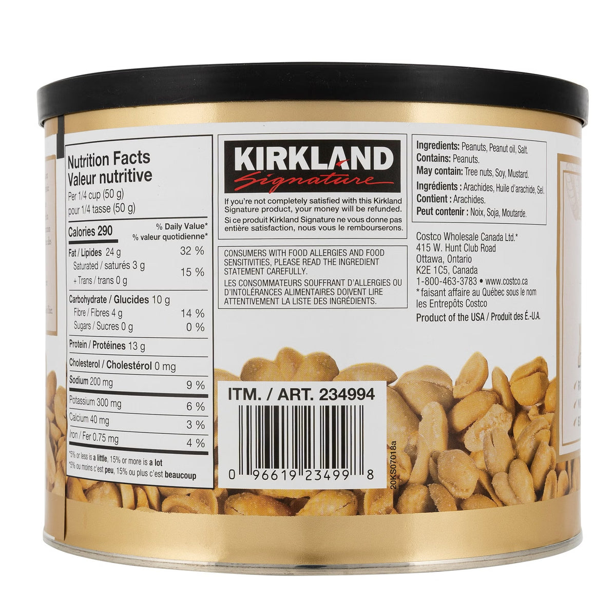 Kirkland Signature Extra Large Roasted & Salted Peanuts, 1.13 kg (2.5 lb), Premium Virginia Variety Whole Peanuts, Extra Crunchy Gluten-Free & Kosher Snack Nuts, Family Size Container for Parties, Travel & Everyday Snacking