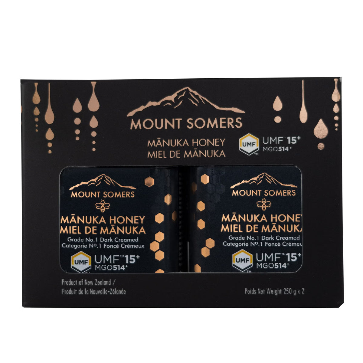 Mount Somers New Zealand Mānuka Honey UMF 15+ MGO 514+, 2-Pack × 250 g (500 g Total), Premium Raw Unpasteurized Monofloral Honey, Dark Amber Creamed Honey for Tea, Toast & Breakfast