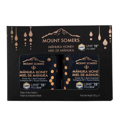 Mount Somers New Zealand Mānuka Honey UMF 15+ MGO 514+, 2-Pack × 250 g (500 g Total), Premium Raw Unpasteurized Monofloral Honey, Dark Amber Creamed Honey for Tea, Toast & Breakfast