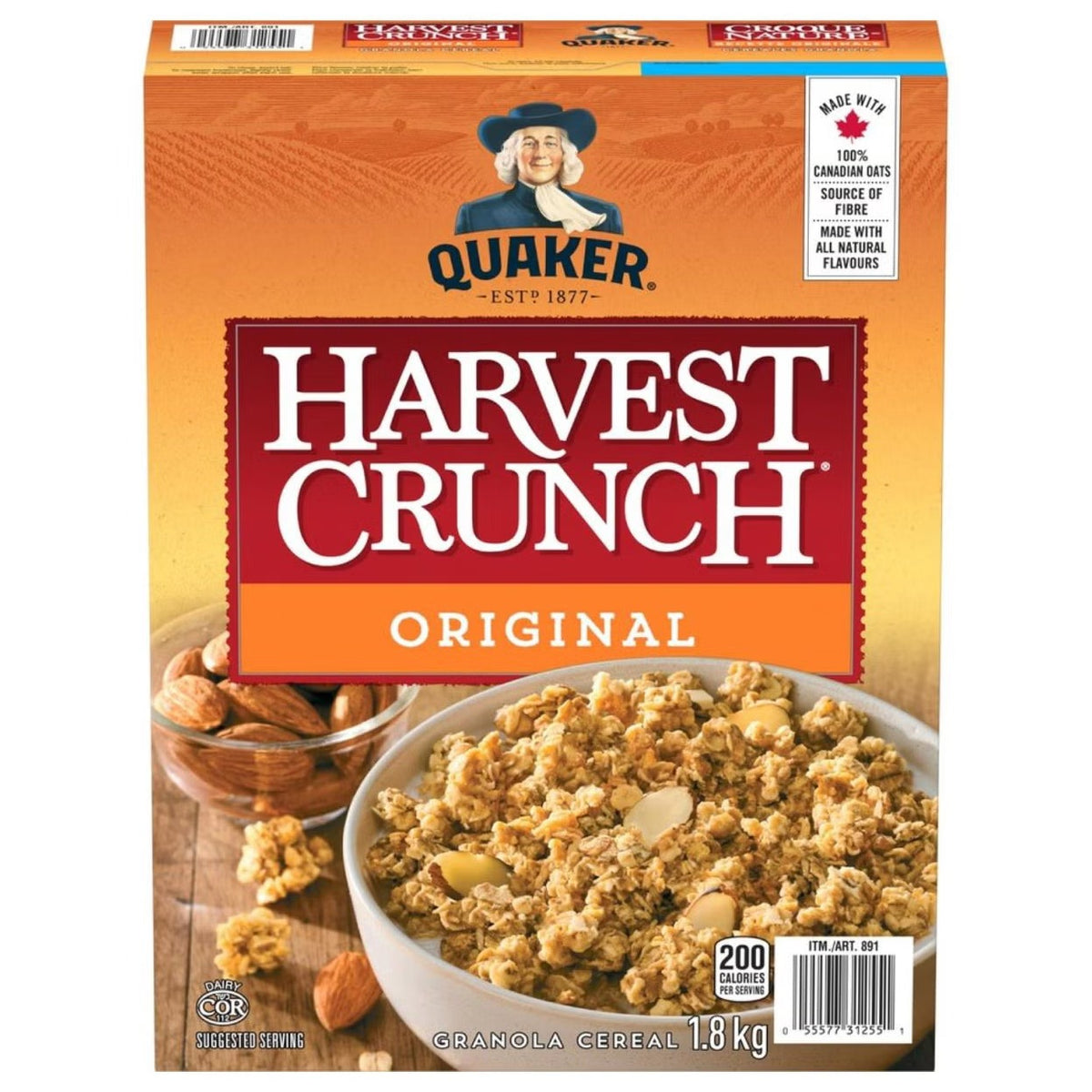 Quaker Harvest Crunch Original Granola Breakfast Cereal, 1.8 kg (3.97 lb), Crunchy Whole Grain Oat & Wheat Clusters with Almonds, Coconut, Honey & Brown Sugar, High Fibre Ready-to-Eat Family Size Cereal for Breakfast, Yogurt & Snacking