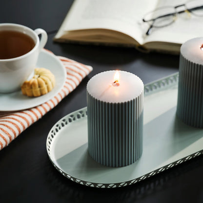 IKEA SNÖSISKA Unscented Pillar Candles, 2 Pack, Dark Gray-Green, 10 cm (4 ") Height, 7 cm (2 ¾ ") Diameter, 30-Hour Burning Time Each, Modern Ribbed Decorative Candles for Living Room, Dining Table, Christmas, Holiday & Home Décor