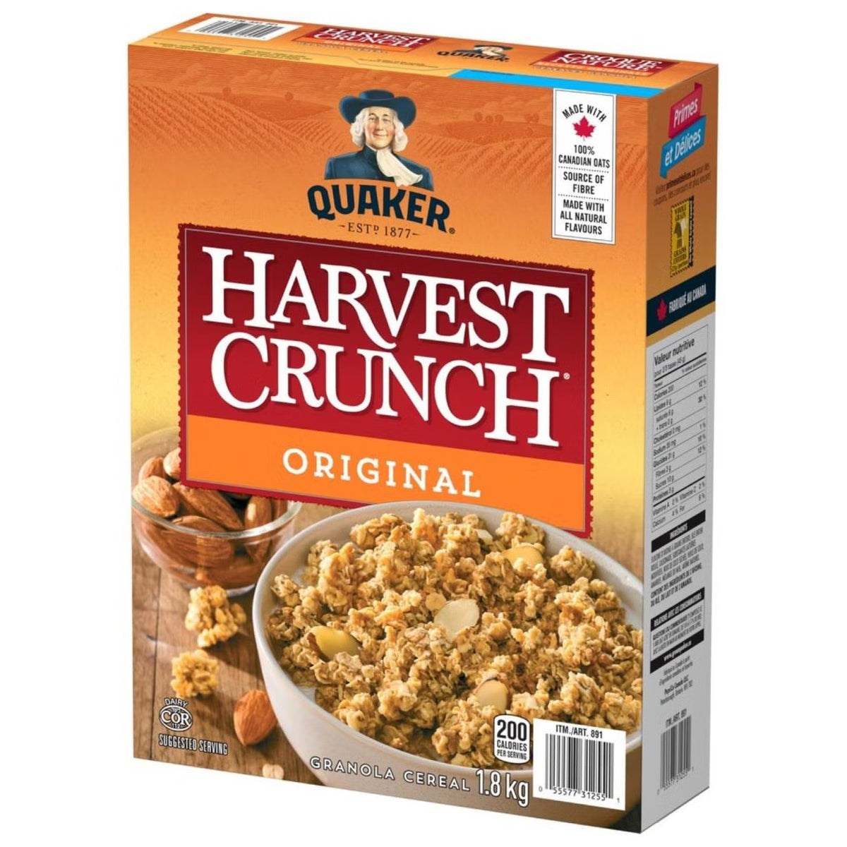 Quaker Harvest Crunch Original Granola Breakfast Cereal, 1.8 kg (3.97 lb), Crunchy Whole Grain Oat & Wheat Clusters with Almonds, Coconut, Honey & Brown Sugar, High Fibre Ready-to-Eat Family Size Cereal for Breakfast, Yogurt & Snacking