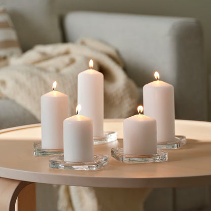 IKEA FENOMEN Unscented Pillar Candles, 5 Pack, Natural, Assorted Heights 8–15 cm, 20–40 Hour Burning Time, Plant-Based & Paraffin Wax Blend, Decorative Candle Set for Dining Tables, Weddings, Parties, Living Room & Home Décor