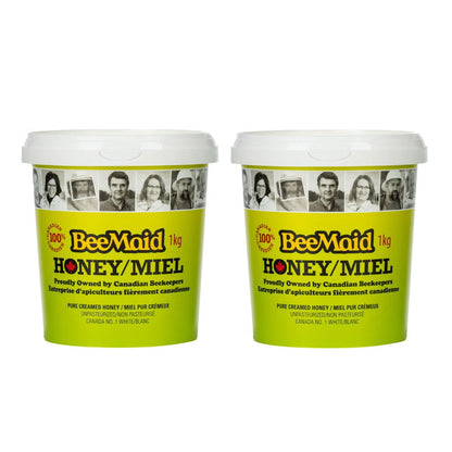 BeeMaid 100% Pure Canadian Creamed Honey, 2-Pack × 1 kg (2 kg Total), Unpasteurized White Honey, Smooth & Creamy Spreadable Natural Honey for Toast, Tea, Oatmeal, Baking & Cooking