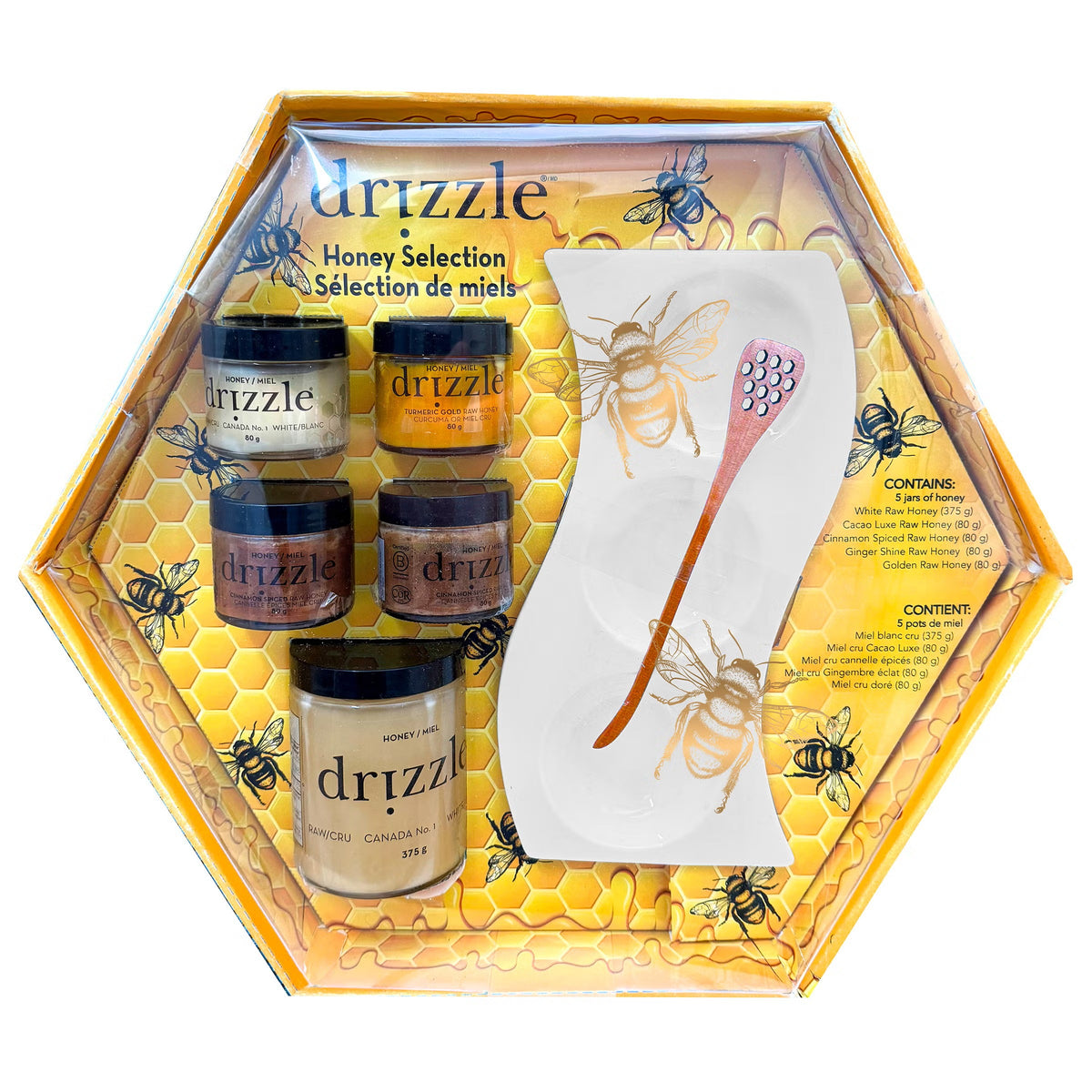 Drizzle Raw Honey Gift Set, 5 Flavour Gourmet Honey Collection, 695 g Total, White, Golden, Cacao Luxe, Cinnamon Spiced & Ginger Shine Honey, Includes Ceramic Serving Dish & Wooden Honey Dipper