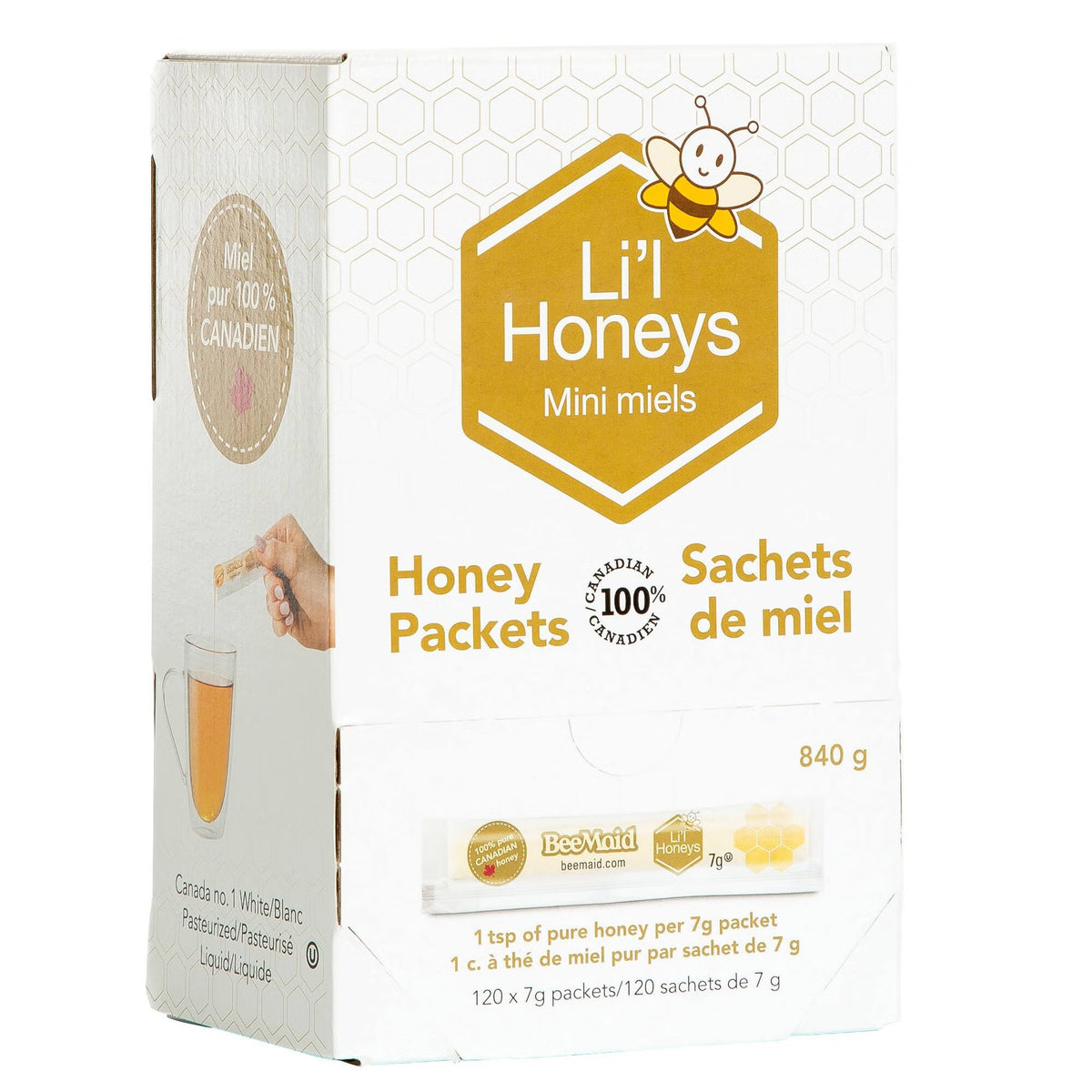 BeeMaid Li'l Honeys 100% Pure Canadian Liquid Honey Packets, 120 Count × 7 g (840 g Total), Individual Single-Serve Honey Sachets, Convenient Natural Sweetener for Tea, Coffee, Breakfast