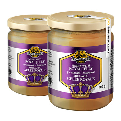 Dutchman's Gold Honey with 2% Royal Jelly, 2-Pack × 500 g (1 kg Total), Pure Canadian Unpasteurized Creamed Honey, Smooth Spreadable Honey Blend for Toast, Tea, Smoothies & Breakfast
