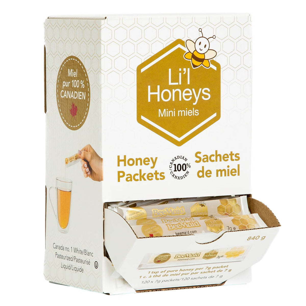 BeeMaid Li'l Honeys 100% Pure Canadian Liquid Honey Packets, 120 Count × 7 g (840 g Total), Individual Single-Serve Honey Sachets, Convenient Natural Sweetener for Tea, Coffee, Breakfast