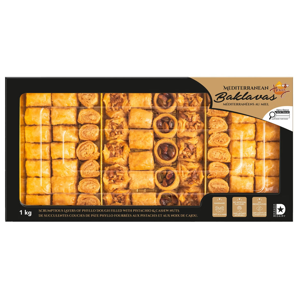 Mediterranean Baklava with Honey, 1 kg (2.2 lb), Handmade Dubai Assorted Baklava Pastries, 5 Varieties, Crispy Layered Phyllo Dessert with Pistachios & Cashews, Halal & Kosher Certified, Gourmet Middle Eastern Sweets Gift Box for Parties