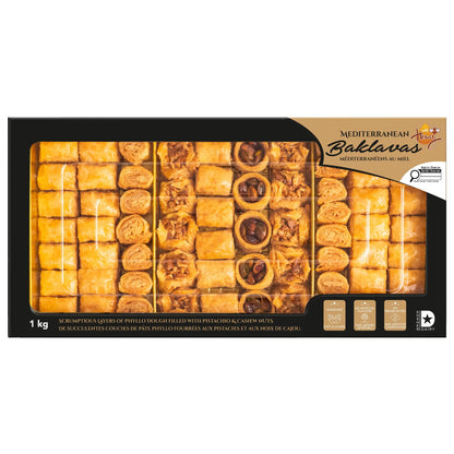Mediterranean Baklava with Honey, 1 kg (2.2 lb), Handmade Dubai Assorted Baklava Pastries, 5 Varieties, Crispy Layered Phyllo Dessert with Pistachios & Cashews, Halal & Kosher Certified, Gourmet Middle Eastern Sweets Gift Box for Parties