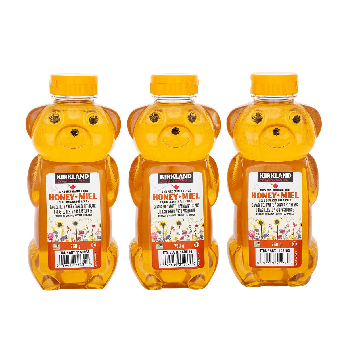 Kirkland Signature 100% Pure Canadian Liquid Honey, 3-Pack × 750 g (2.25 kg Total), Unpasteurized Canada No. 1 White Honey, Squeezable Honey Bear Bottles for Tea, Pancakes, Toast, Baking & Cooking