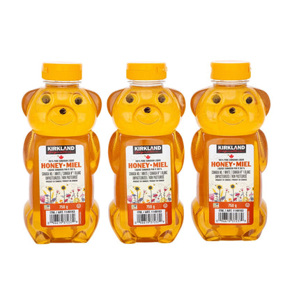 Kirkland Signature 100% Pure Canadian Liquid Honey, 3-Pack × 750 g (2.25 kg Total), Unpasteurized Canada No. 1 White Honey, Squeezable Honey Bear Bottles for Tea, Pancakes, Toast, Baking & Cooking