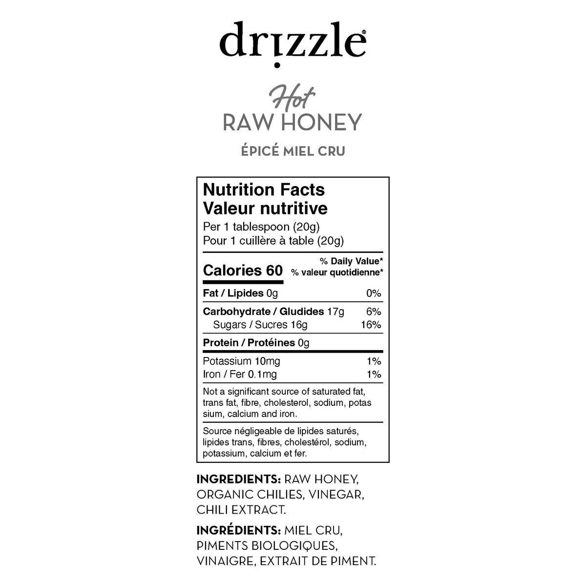 Drizzle Hot Raw Honey, 4-Pack × 330 g (1.32 kg Total), Canadian Chili-Infused Honey, Sweet & Spicy Natural Honey Sauce, 1800 Scoville Heat, Perfect for Pizza, Chicken Wings, BBQ, Cheese, Marinades & Glazes