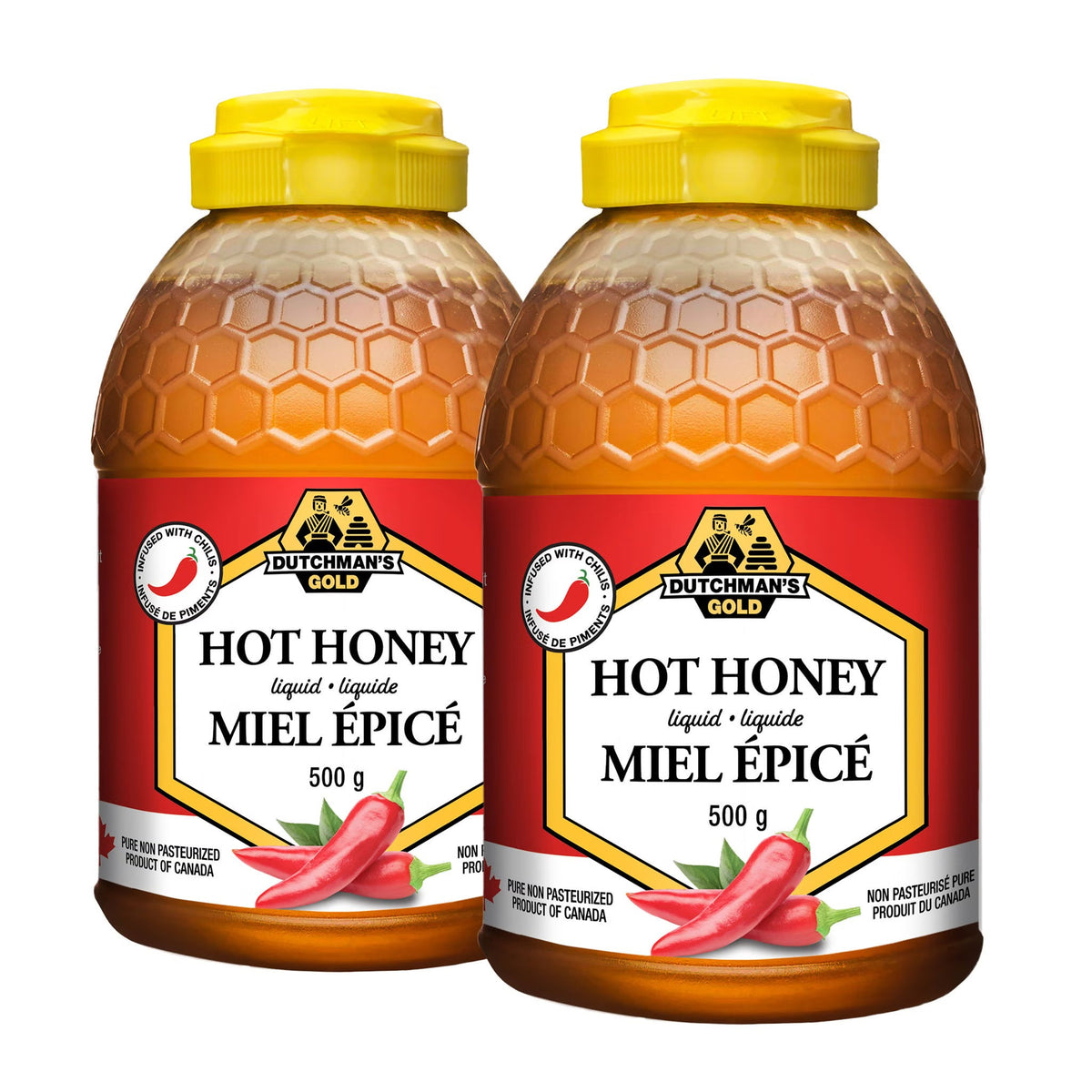 Dutchman's Gold Hot Honey 2-Pack × 500 g (1 kg Total), Canadian Unpasteurized Chili Pepper Infused Liquid Honey, Sweet & Spicy Squeezable Honey Sauce for Pizza, Fried Chicken, BBQ, Marinades, Glazes & Dipping