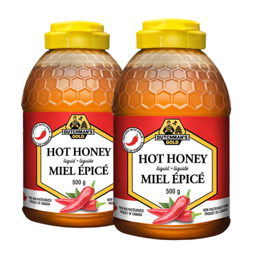 Dutchman's Gold Hot Honey 2-Pack × 500 g (1 kg Total), Canadian Unpasteurized Chili Pepper Infused Liquid Honey, Sweet & Spicy Squeezable Honey Sauce for Pizza, Fried Chicken, BBQ, Marinades, Glazes & Dipping