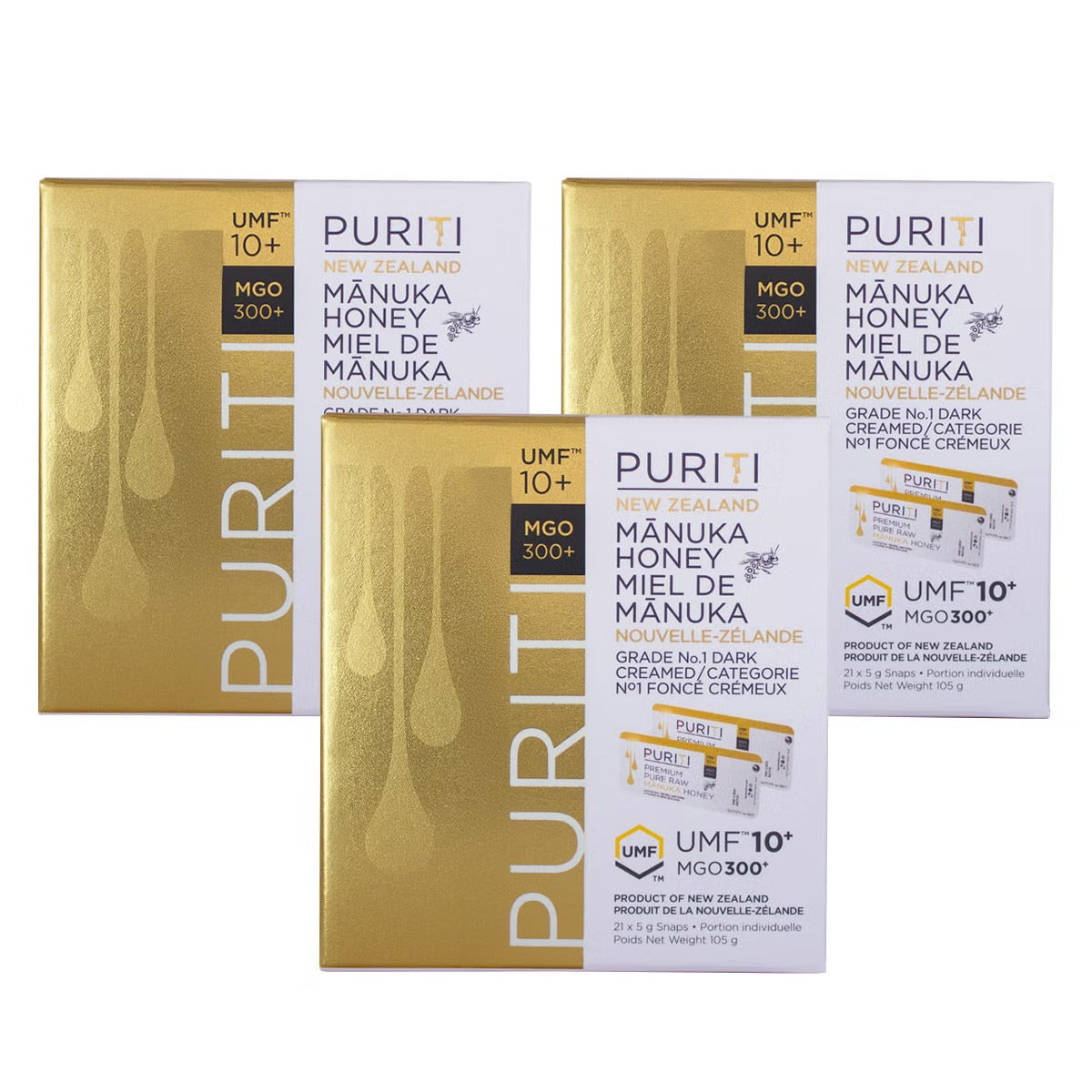PURITI New Zealand Mānuka Honey UMF 10+ MGO 300+, 63 × 5 g (315 g Total), Premium Raw Monofloral Honey, Individual Single-Serve Snap Packs & Portable Natural Sweetener for Tea