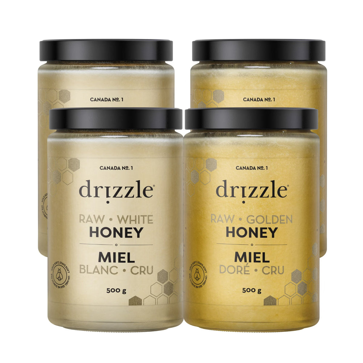 Drizzle 100% Pure Canadian Raw Honey Variety Pack, 4 × 500 g (2 kg Total), 2 White Honey + 2 Golden Honey, Unfiltered & Unheated Natural Honey, Smooth Spreadable Sweetener for Tea & Toast