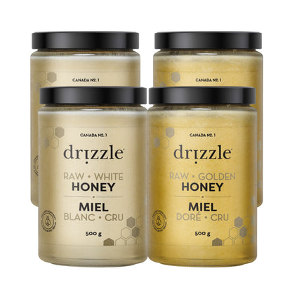 Drizzle 100% Pure Canadian Raw Honey Variety Pack, 4 × 500 g (2 kg Total), 2 White Honey + 2 Golden Honey, Unfiltered & Unheated Natural Honey, Smooth Spreadable Sweetener for Tea & Toast