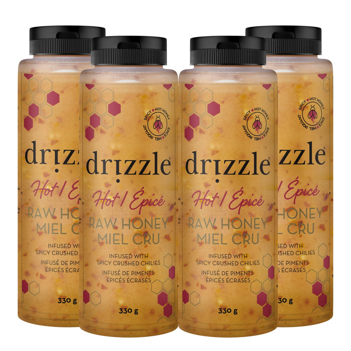 Drizzle Hot Raw Honey, 4-Pack × 330 g (1.32 kg Total), Canadian Chili-Infused Honey, Sweet & Spicy Natural Honey Sauce, 1800 Scoville Heat, Perfect for Pizza, Chicken Wings, BBQ, Cheese, Marinades & Glazes