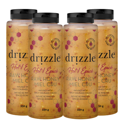 Drizzle Hot Raw Honey, 4-Pack × 330 g (1.32 kg Total), Canadian Chili-Infused Honey, Sweet & Spicy Natural Honey Sauce, 1800 Scoville Heat, Perfect for Pizza, Chicken Wings, BBQ, Cheese, Marinades & Glazes