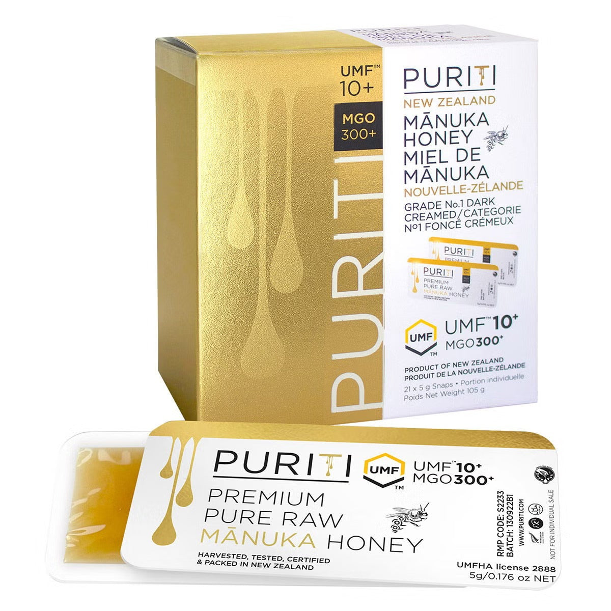 PURITI New Zealand Mānuka Honey UMF 10+ MGO 300+, 63 × 5 g (315 g Total), Premium Raw Monofloral Honey, Individual Single-Serve Snap Packs & Portable Natural Sweetener for Tea