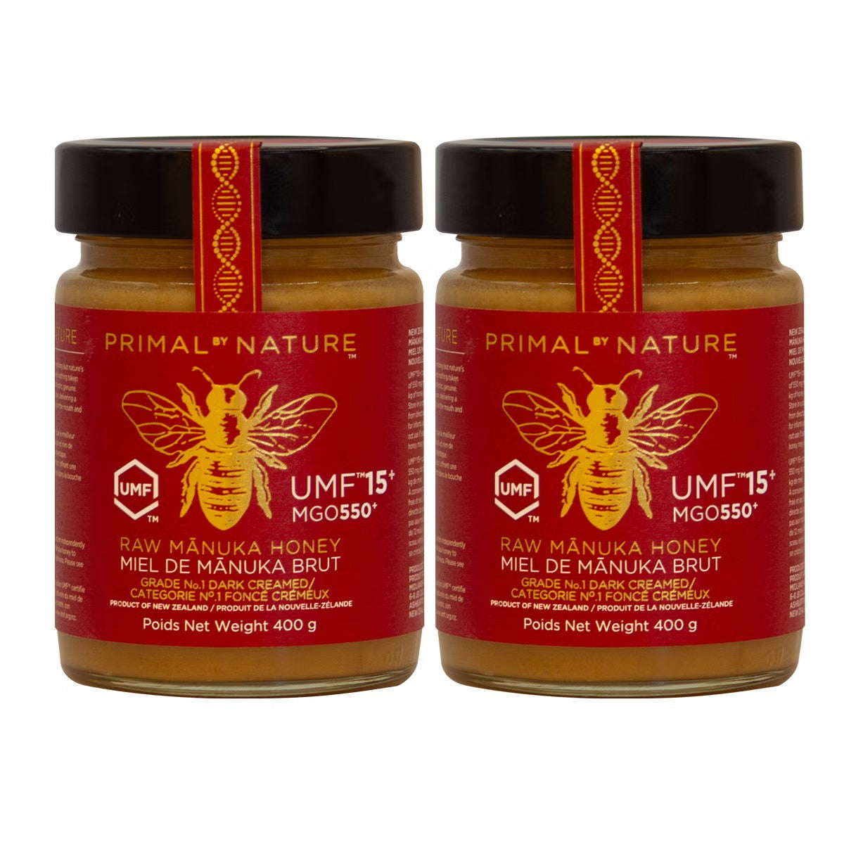 Primal By Nature New Zealand Mānuka Honey UMF 15+ MGO 550+, 2-Pack × 400 g (800 g Total), Premium Raw Unpasteurized Monofloral Honey, Smooth Creamy Natural Honey for Tea, Toast & Breakfast