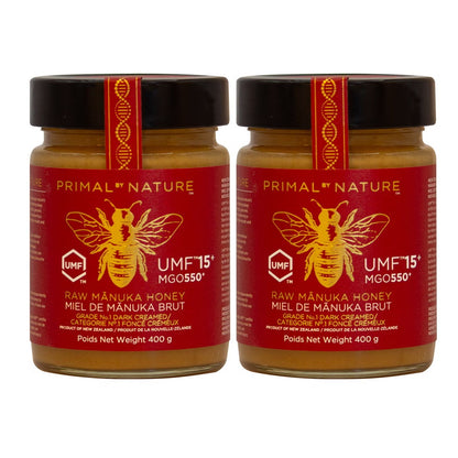 Primal By Nature New Zealand Mānuka Honey UMF 15+ MGO 550+, 2-Pack × 400 g (800 g Total), Premium Raw Unpasteurized Monofloral Honey, Smooth Creamy Natural Honey for Tea, Toast & Breakfast