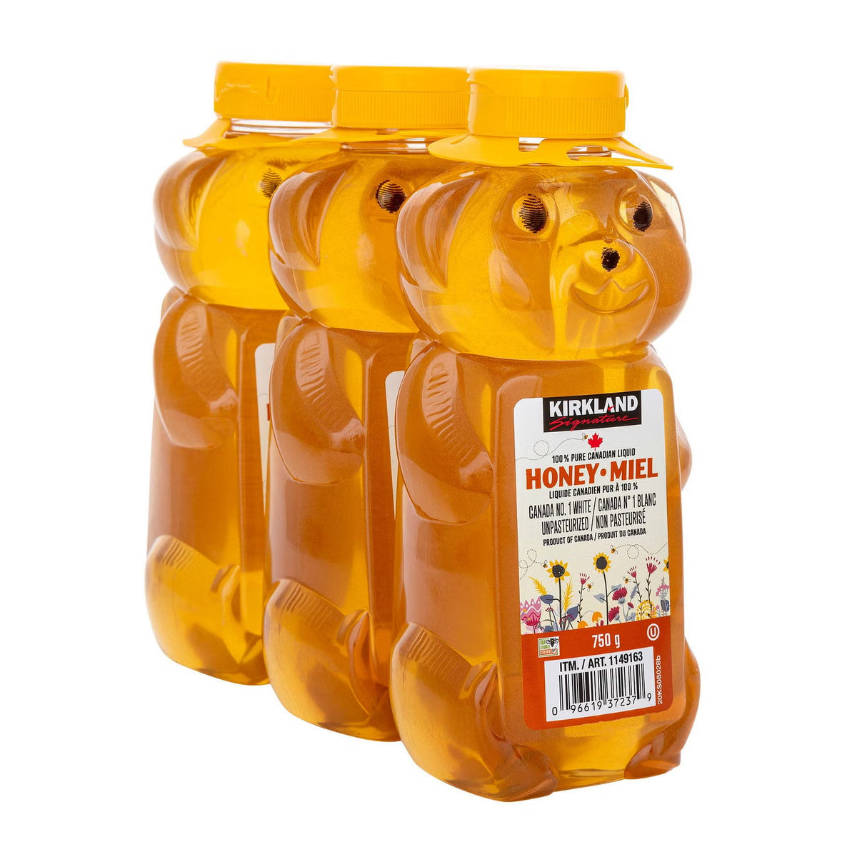 Kirkland Signature 100% Pure Canadian Liquid Honey, 3-Pack × 750 g (2.25 kg Total), Unpasteurized Canada No. 1 White Honey, Squeezable Honey Bear Bottles for Tea, Pancakes, Toast, Baking & Cooking