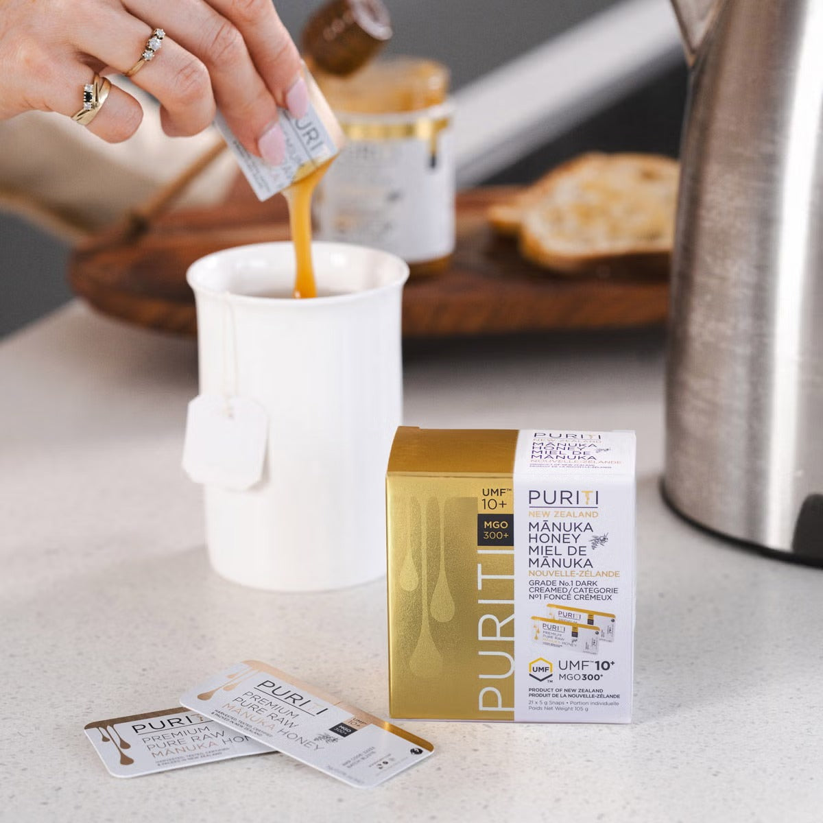 PURITI New Zealand Mānuka Honey UMF 10+ MGO 300+, 63 × 5 g (315 g Total), Premium Raw Monofloral Honey, Individual Single-Serve Snap Packs & Portable Natural Sweetener for Tea