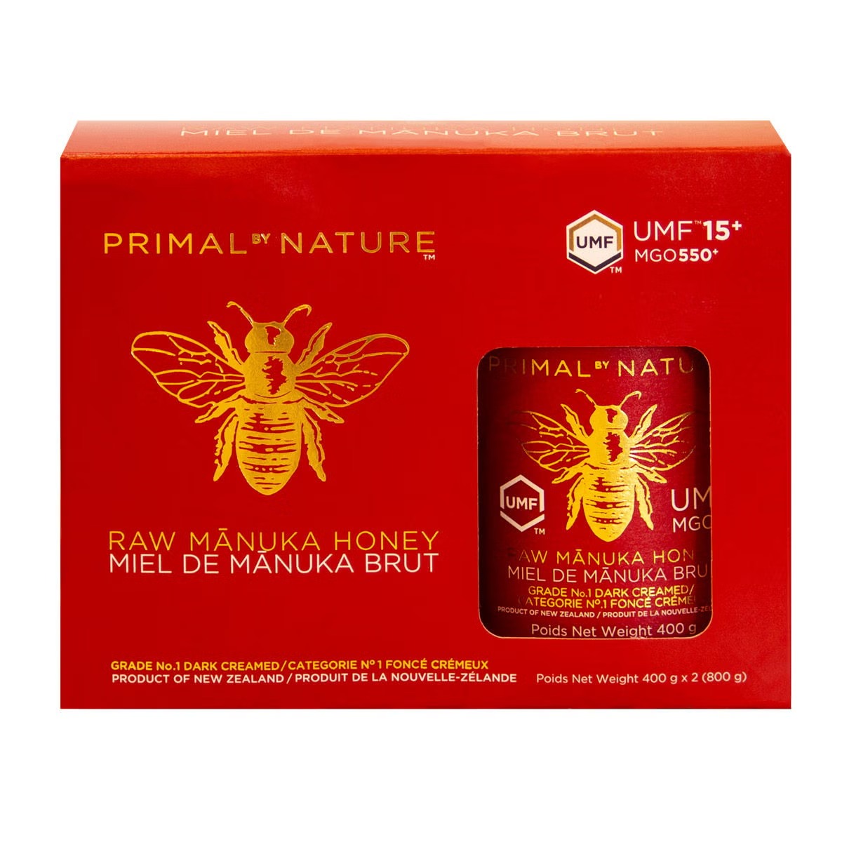 Primal By Nature New Zealand Mānuka Honey UMF 15+ MGO 550+, 2-Pack × 400 g (800 g Total), Premium Raw Unpasteurized Monofloral Honey, Smooth Creamy Natural Honey for Tea, Toast & Breakfast