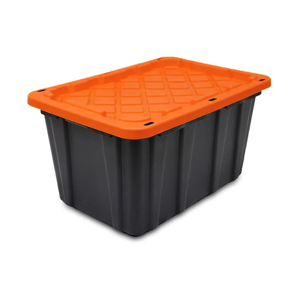 HDX 102L Stackable Heavy-Duty Plastic Storage Tote Box in Black with Orange Snap-on Lid