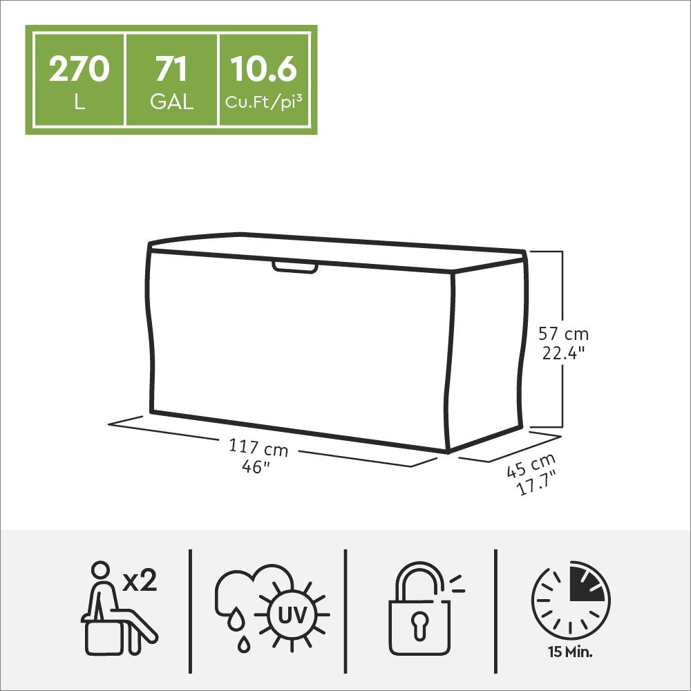 Keter Marvel 10.6 Cu.Ft./ 71G Weather Resistant Resin Patio/Outdoor Garden Storage Lockable Deck Box/Bench