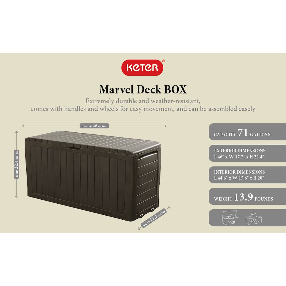 Keter Marvel 10.6 Cu.Ft./ 71G Weather Resistant Resin Patio/Outdoor Garden Storage Lockable Deck Box/Bench