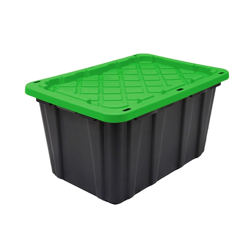 HDX 102L Stackable Storage Tote Bin Plastic Organizer Box Base in Black with Green Snap-on Lid