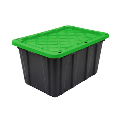 HDX 102L Stackable Storage Tote Bin Plastic Organizer Box Base in Black with Green Snap-on Lid