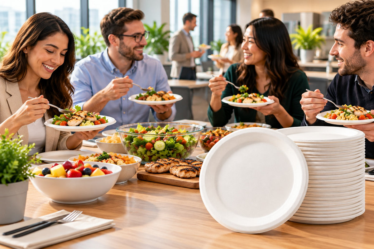 Forest for Climate Compostable Lunch Plates, 180 Pack, 22.5 cm (8.86 in), Round Disposable Plates, Soak-Resistant, Plant-Based Party Plates for Hot & Cold Food, BBQ, Picnics, Birthdays, Catering & Everyday Meals