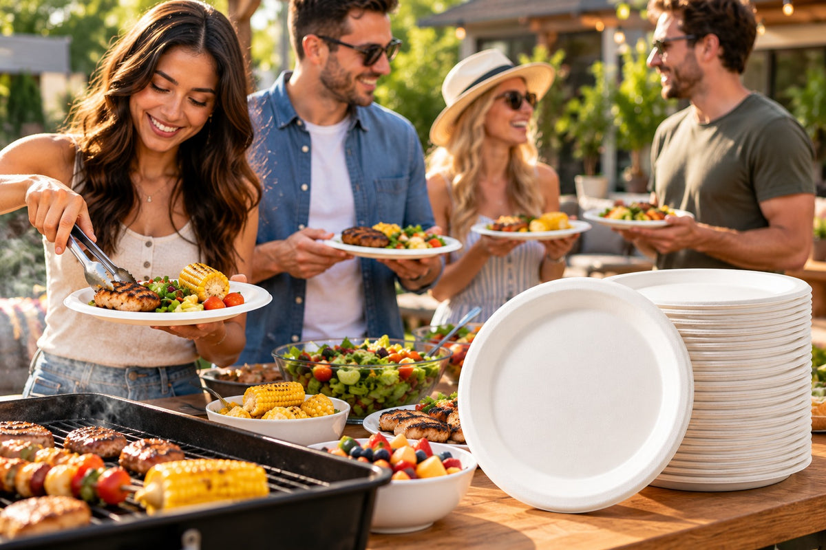 Forest for Climate Compostable Lunch Plates, 180 Pack, 22.5 cm (8.86 in), Round Disposable Plates, Soak-Resistant, Plant-Based Party Plates for Hot & Cold Food, BBQ, Picnics, Birthdays, Catering & Everyday Meals