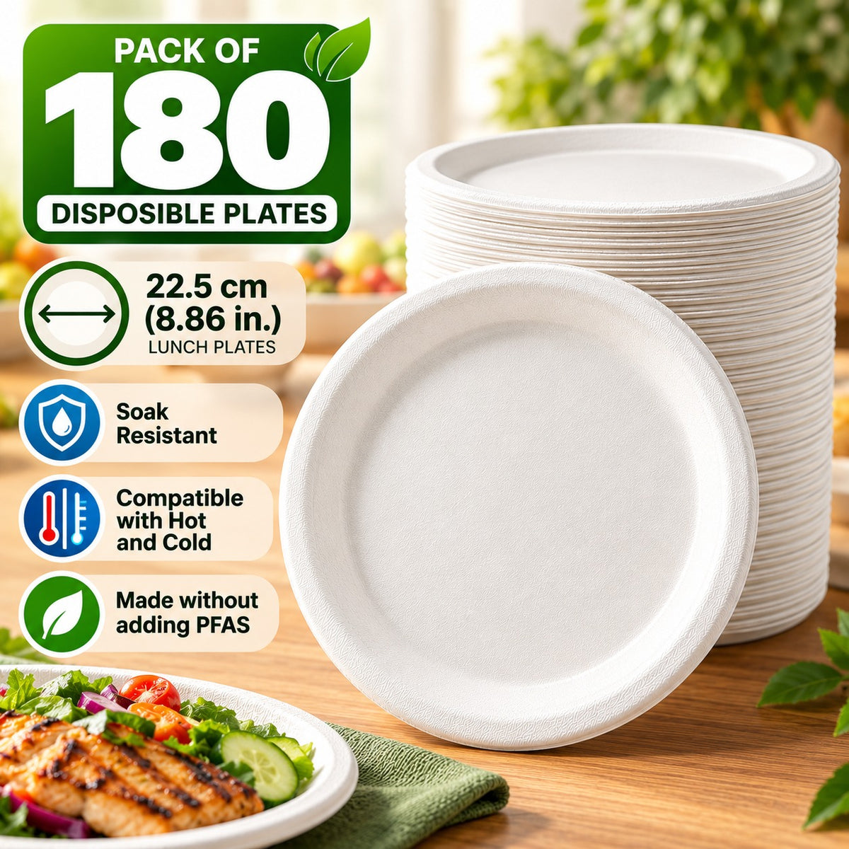 Forest for Climate Compostable Lunch Plates, 180 Pack, 22.5 cm (8.86 in), Round Disposable Plates, Soak-Resistant, Plant-Based Party Plates for Hot & Cold Food, BBQ, Picnics, Birthdays, Catering & Everyday Meals