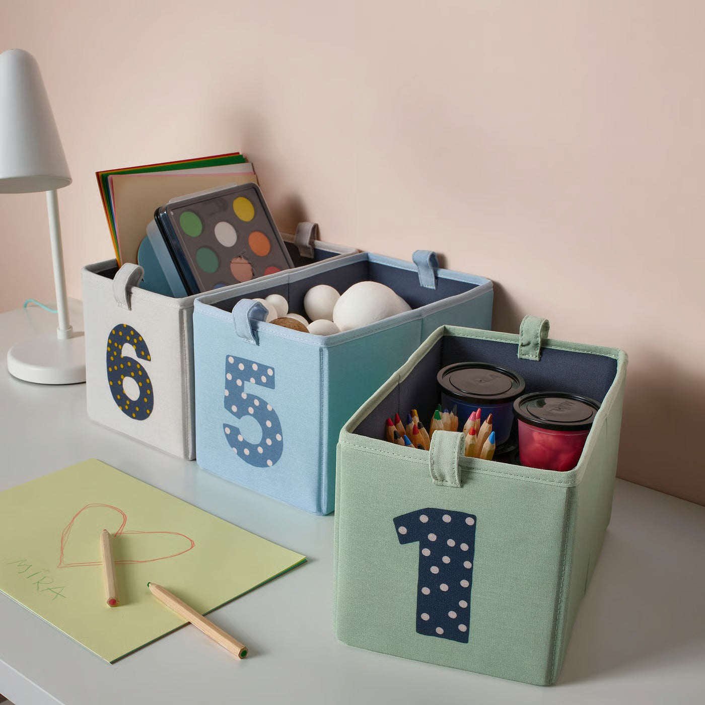 IKEA BARNDRÖM Box, set of 3, green blue/beige, 17x27x17 cm (6 ¾x10 ¾x6 ¾ ")