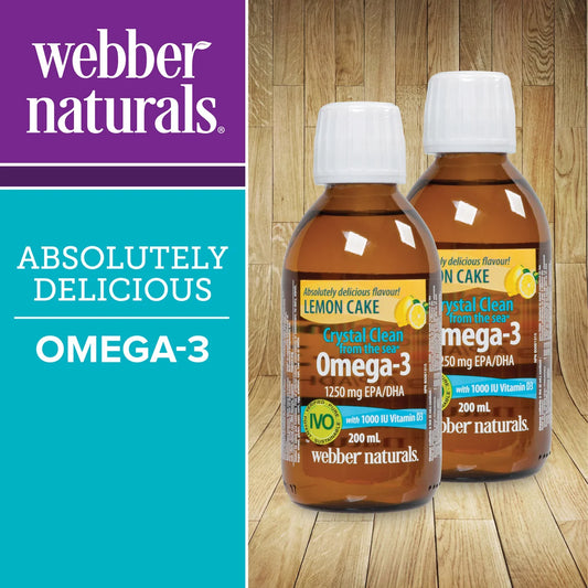 webber naturals Crystal Clean from the sea - Omega-3 Liquid 1250 mg EPA/DHA 1000 IU Vitamin D3 - 2 x 200 mL Lemon Cake Flavour